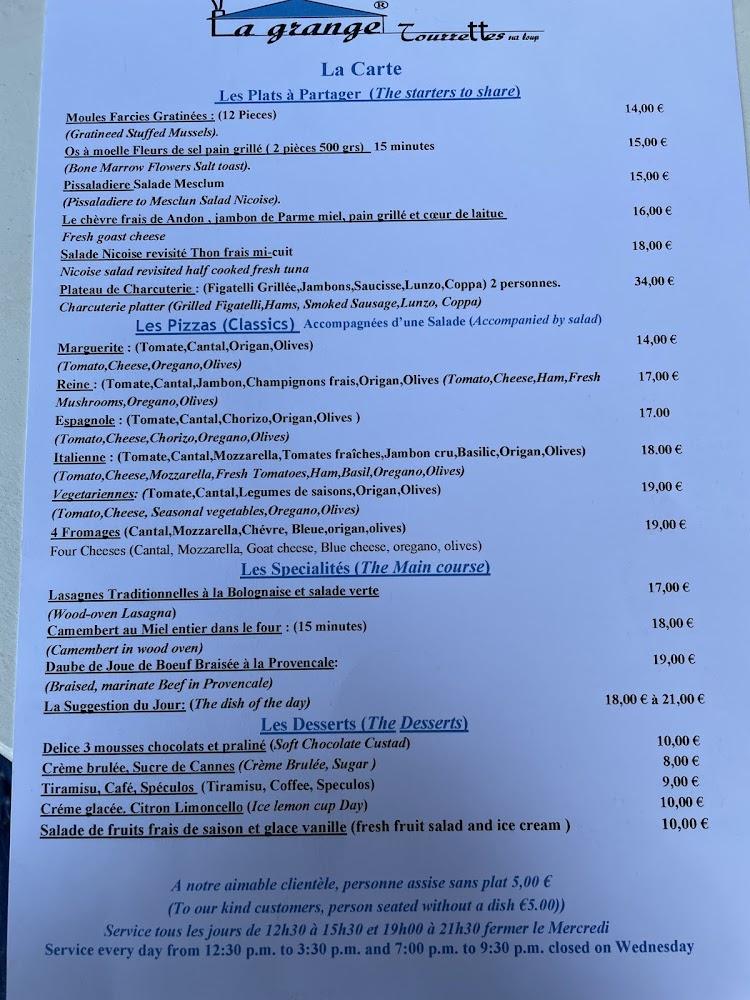 Restaurant La Grange Tourrettes sur Loup - Menu Image 1